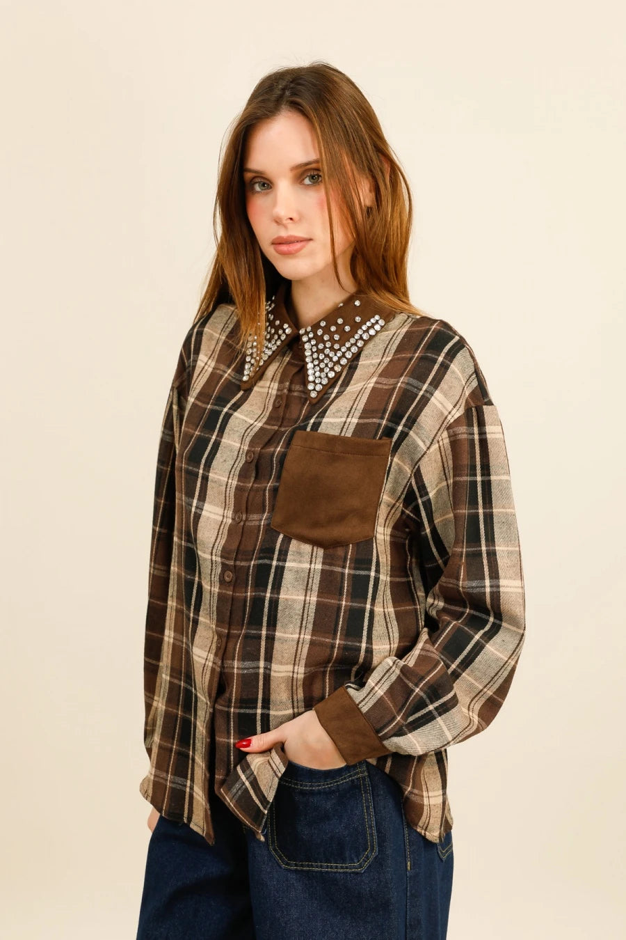 SIERRA – Checkered shirt with rhinestone-embellished collar