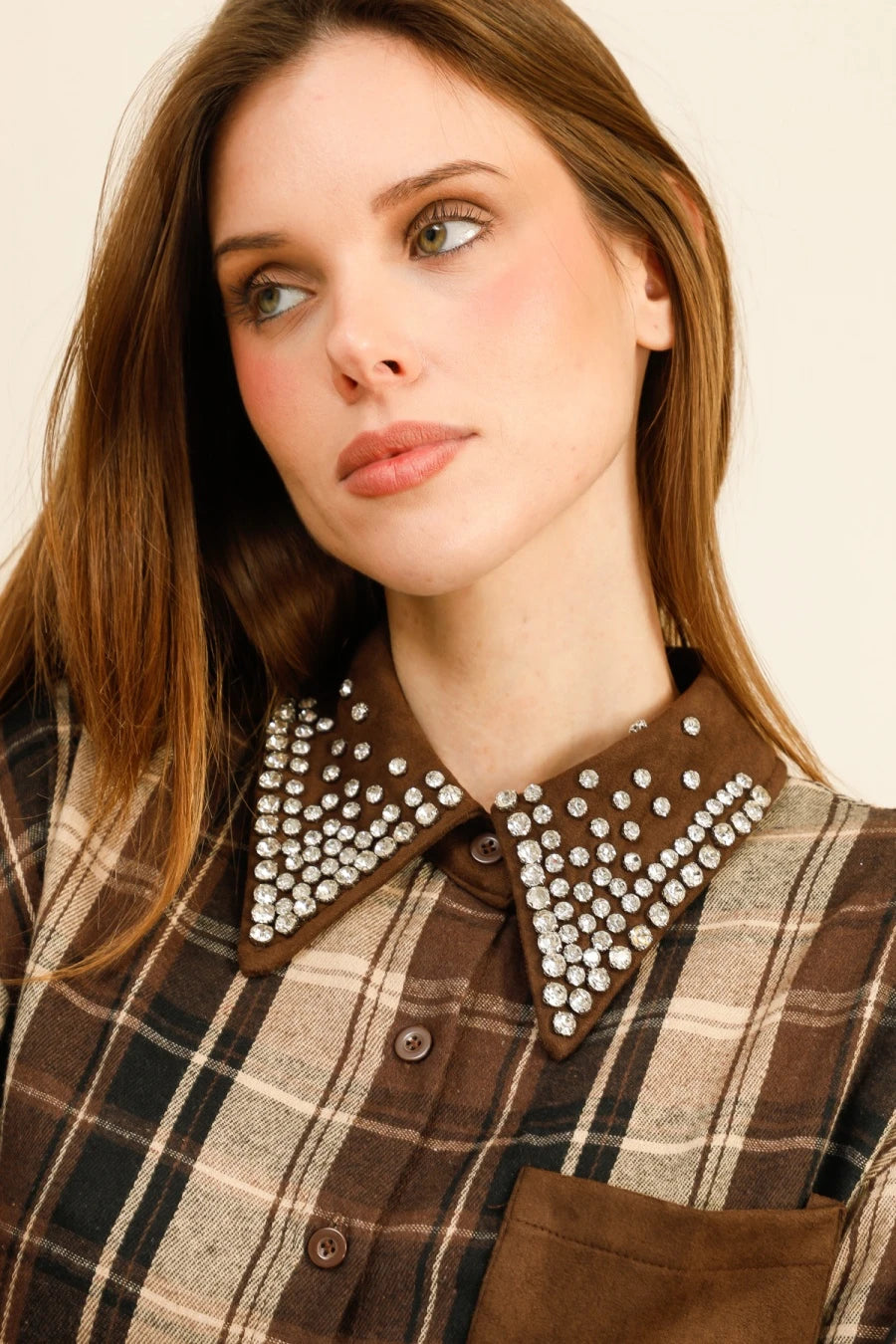 SIERRA – Checkered shirt with rhinestone-embellished collar