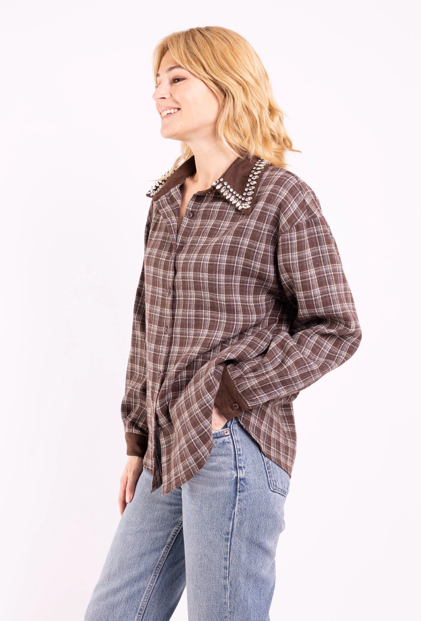 SIENNA – Plaid shirt with rhinestone-embellished collar