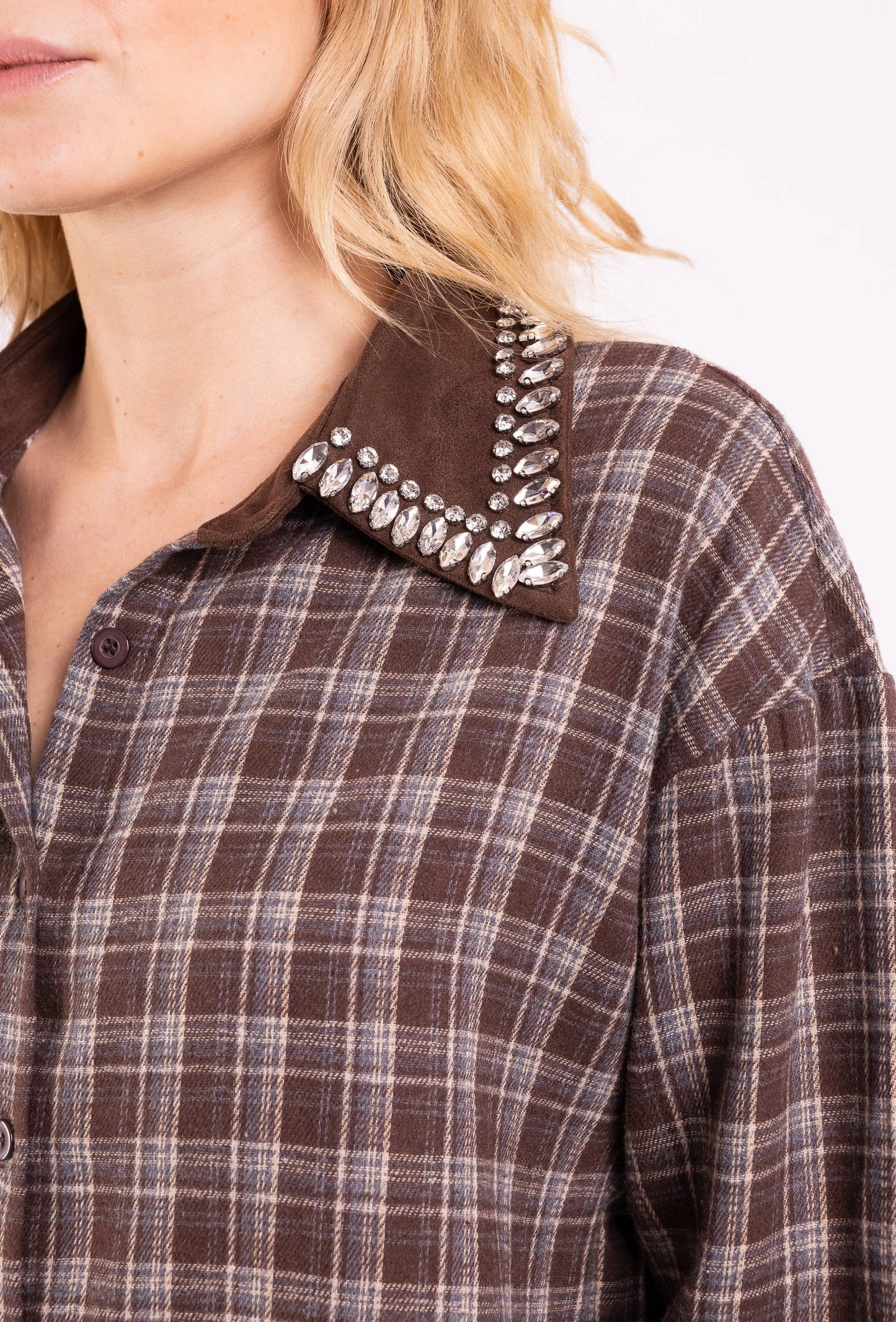 SIENNA – Plaid shirt with rhinestone-embellished collar
