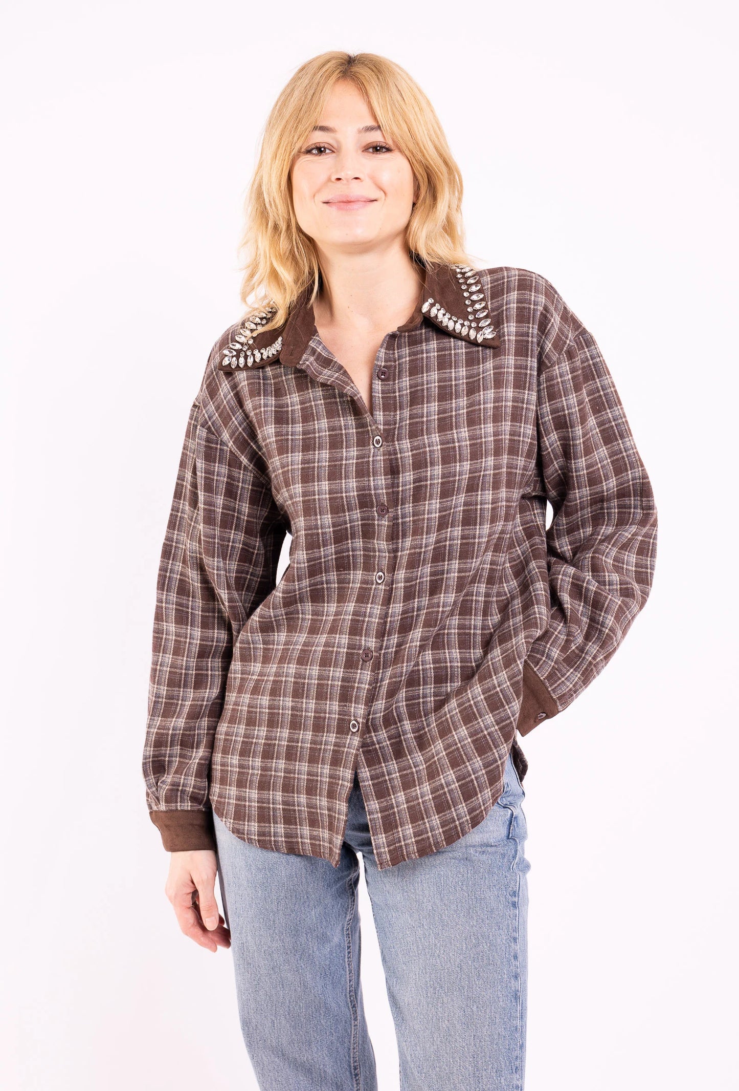 SIENNA – Plaid shirt with rhinestone-embellished collar
