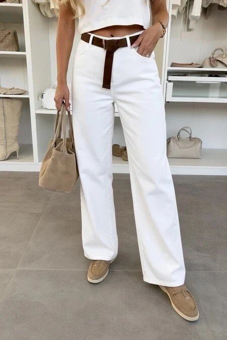 Wide-leg trousers in washed gabardine with belt
