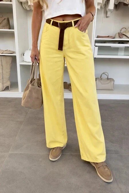 Wide-leg trousers in washed gabardine with belt