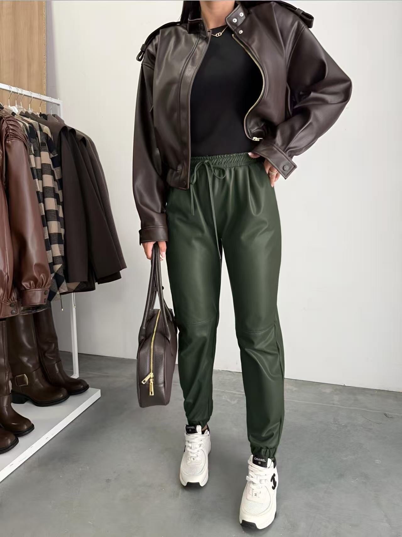 Elastic waist imitation leather pants