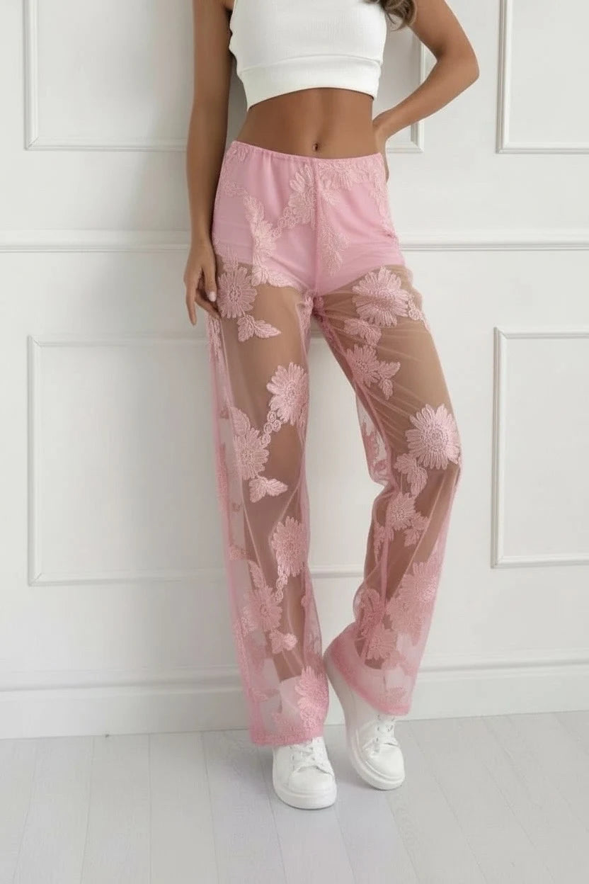 Flower embroidered tulle pants short lining