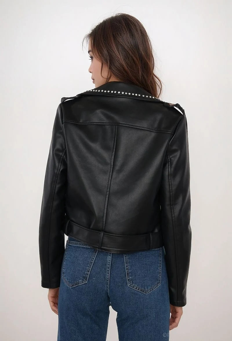 Faux leather biker jacket with studded collar – buckle belt and metal finishes