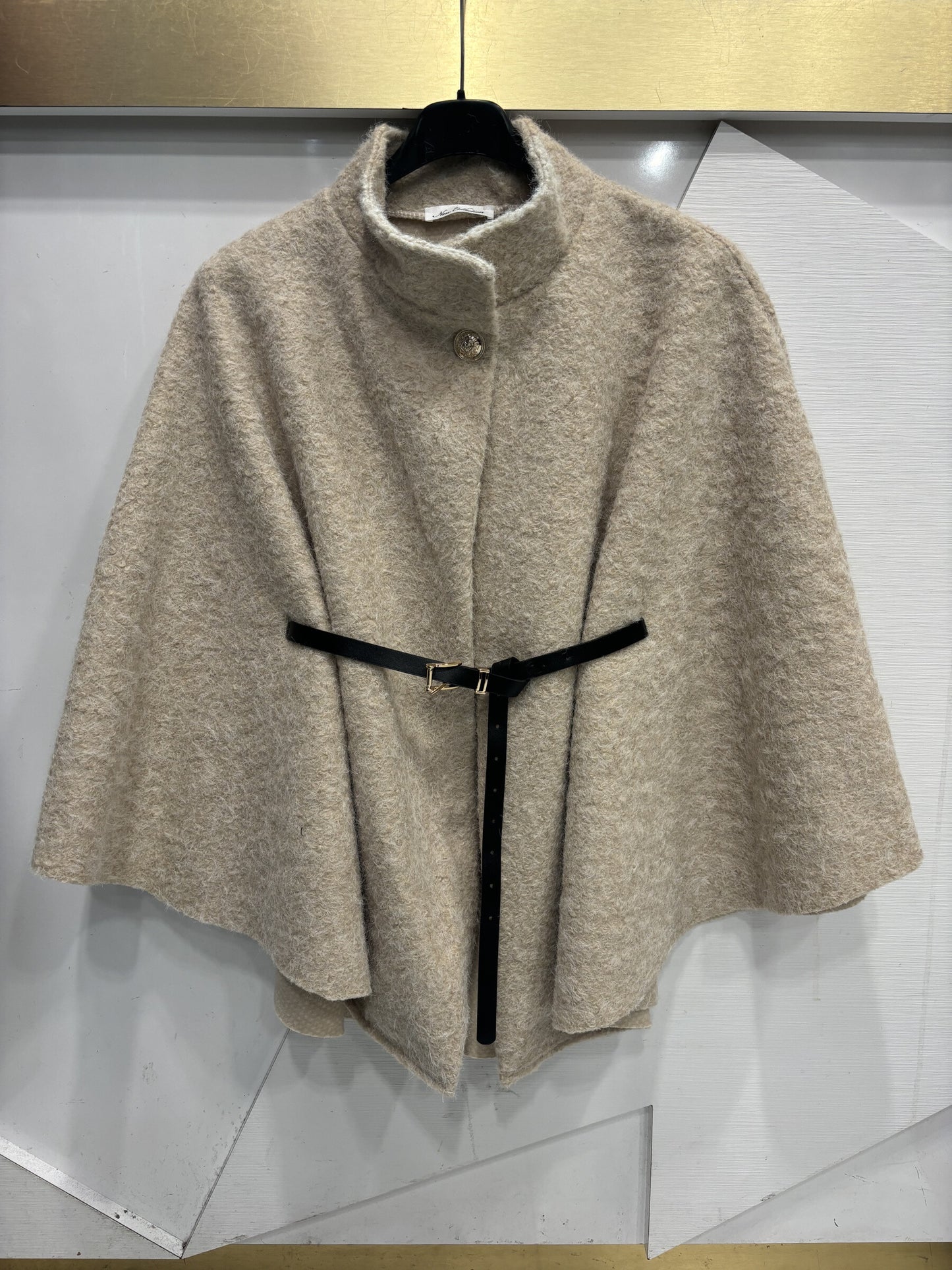 Boiled wool poncho with belt