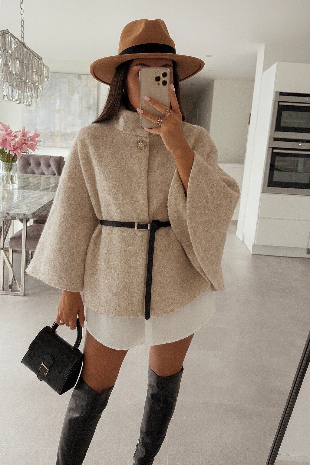 Boiled wool poncho with belt