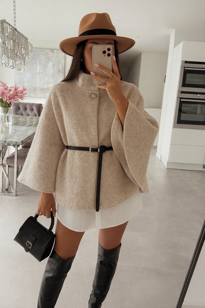 Boiled wool poncho with belt