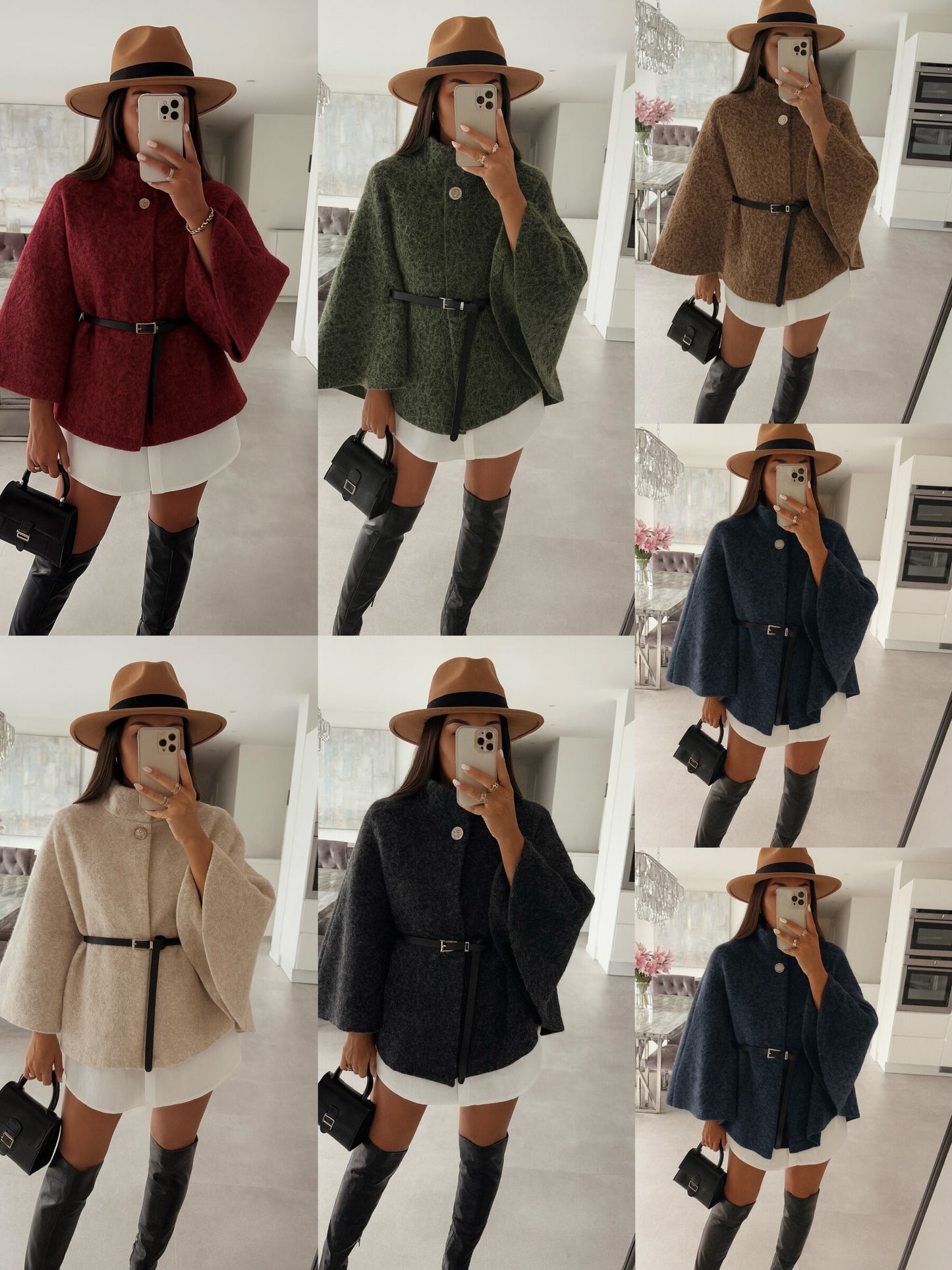 Boiled wool poncho with belt