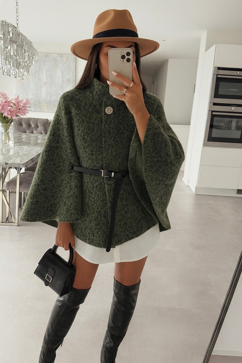 Boiled wool poncho with belt