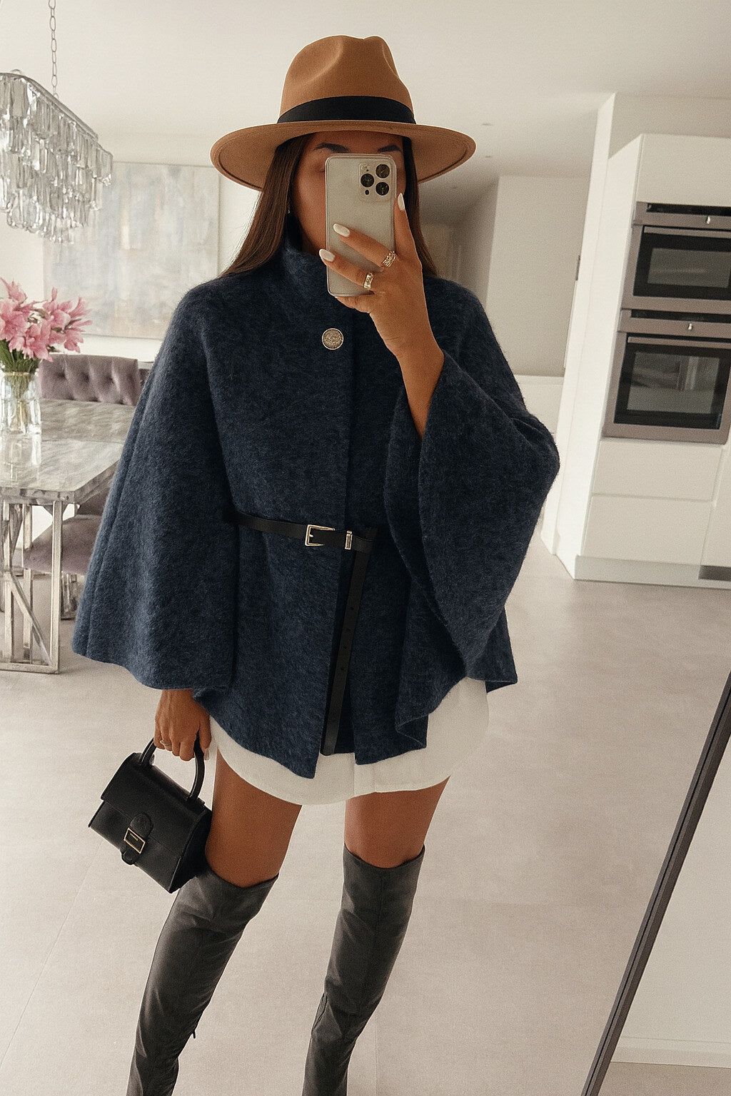 Boiled wool poncho with belt