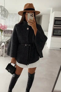 Boiled wool poncho with belt