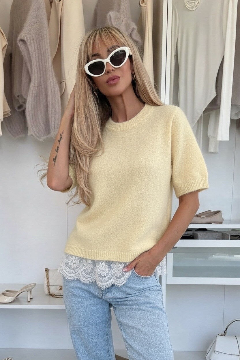 Baby alpaca sweater with lace detail V-neck short sleeves