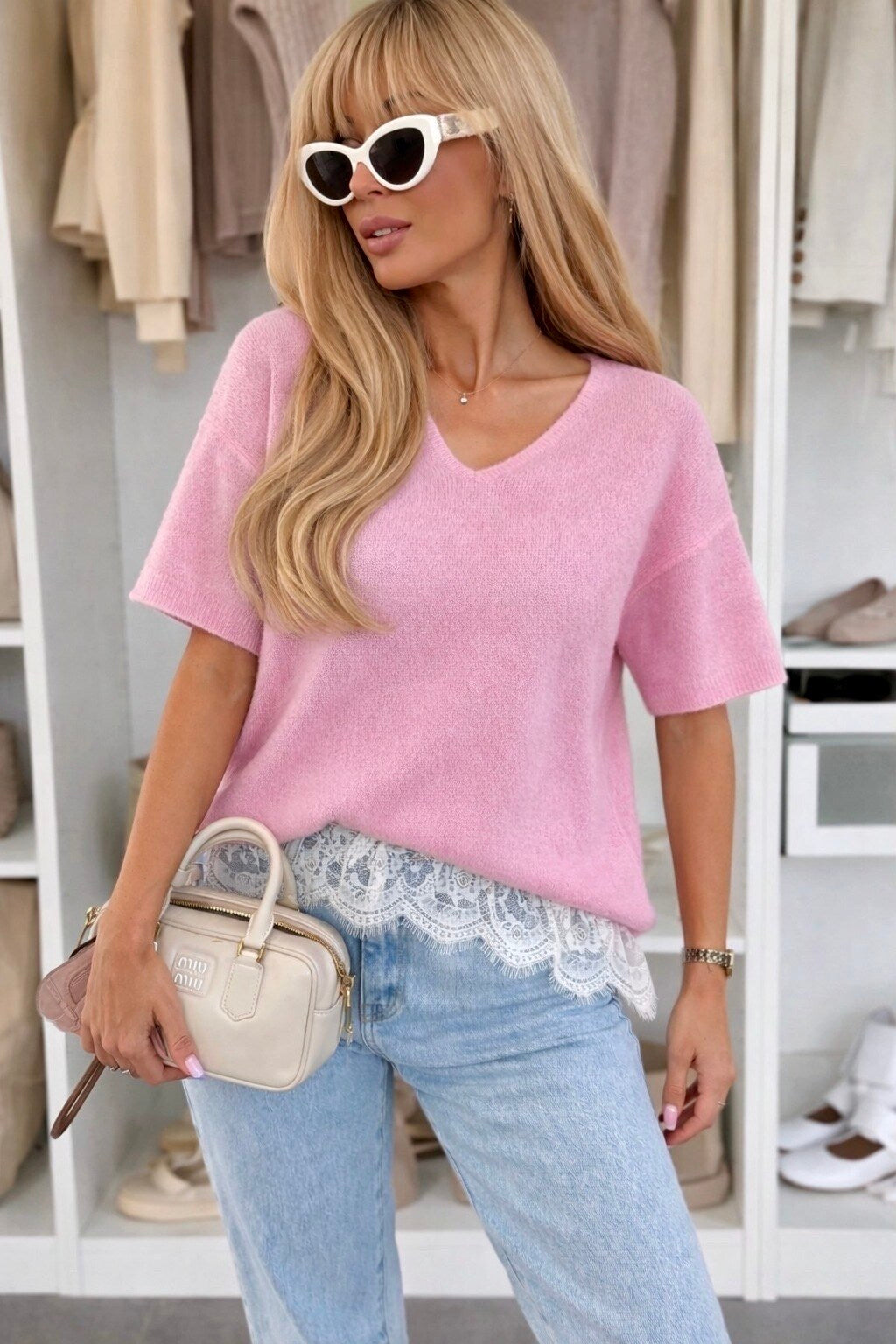 Baby alpaca sweater with lace detail V-neck short sleeves