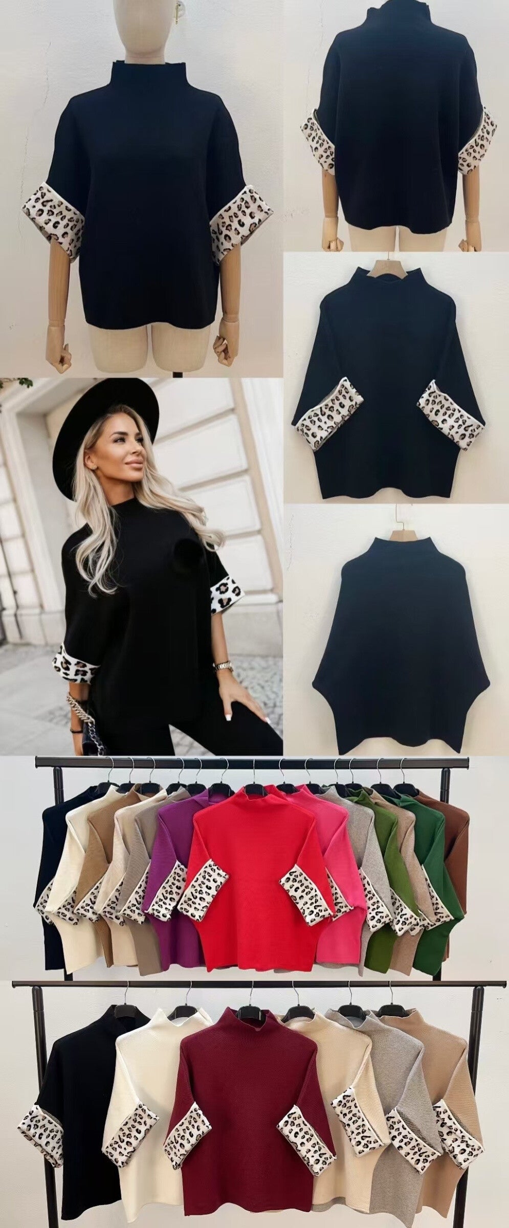High-neck sweater with leopard cuffed sleeves