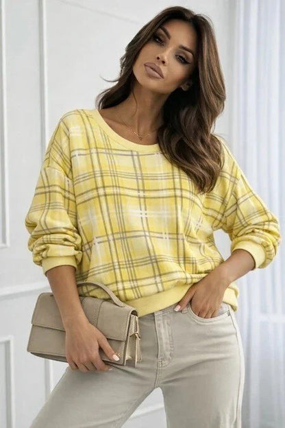 Round neck check print sweater