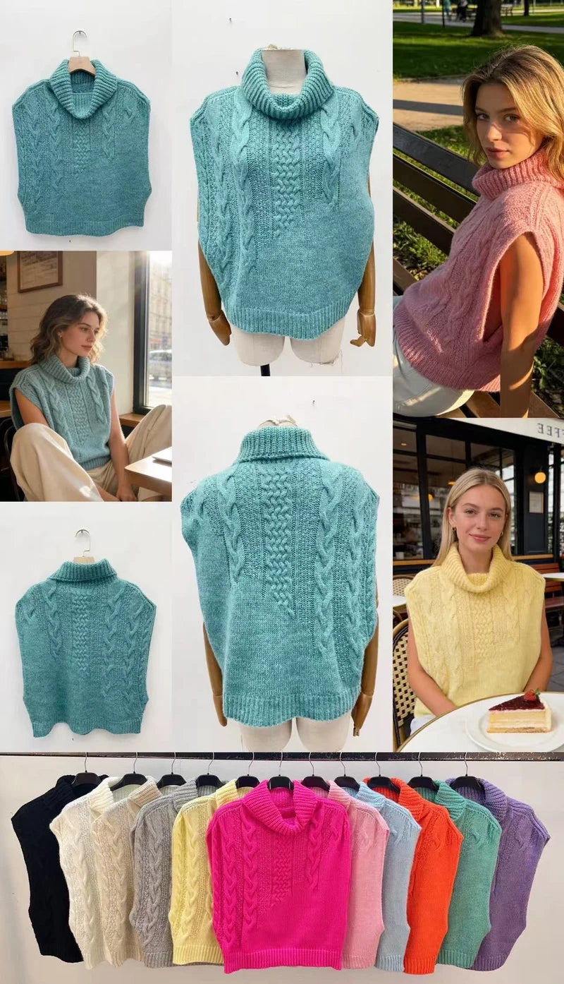 Sleeveless turtleneck sweater with gradient cables