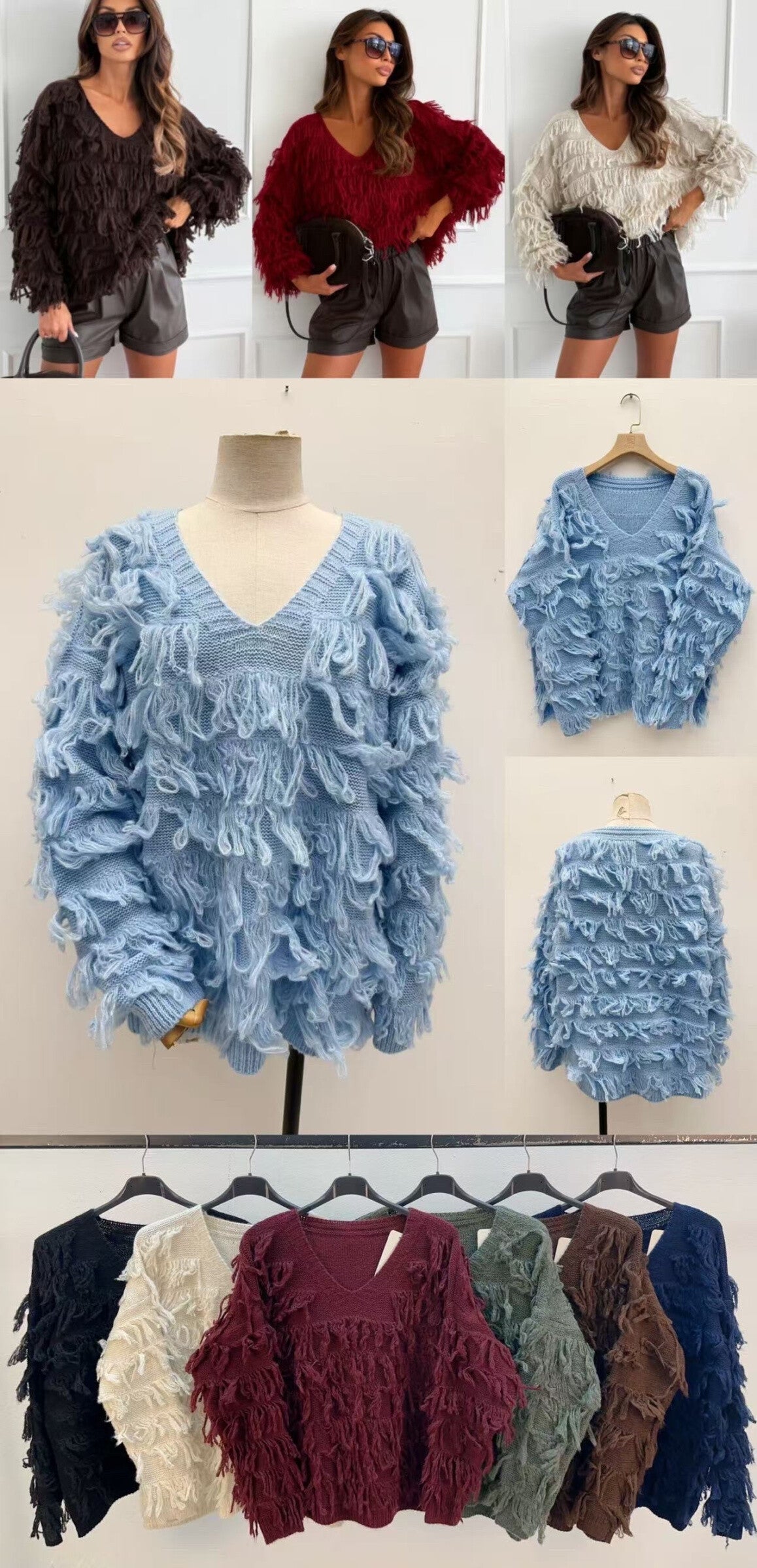 V-neck sweater with fringes
