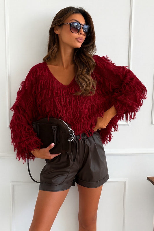 V-neck sweater with fringes