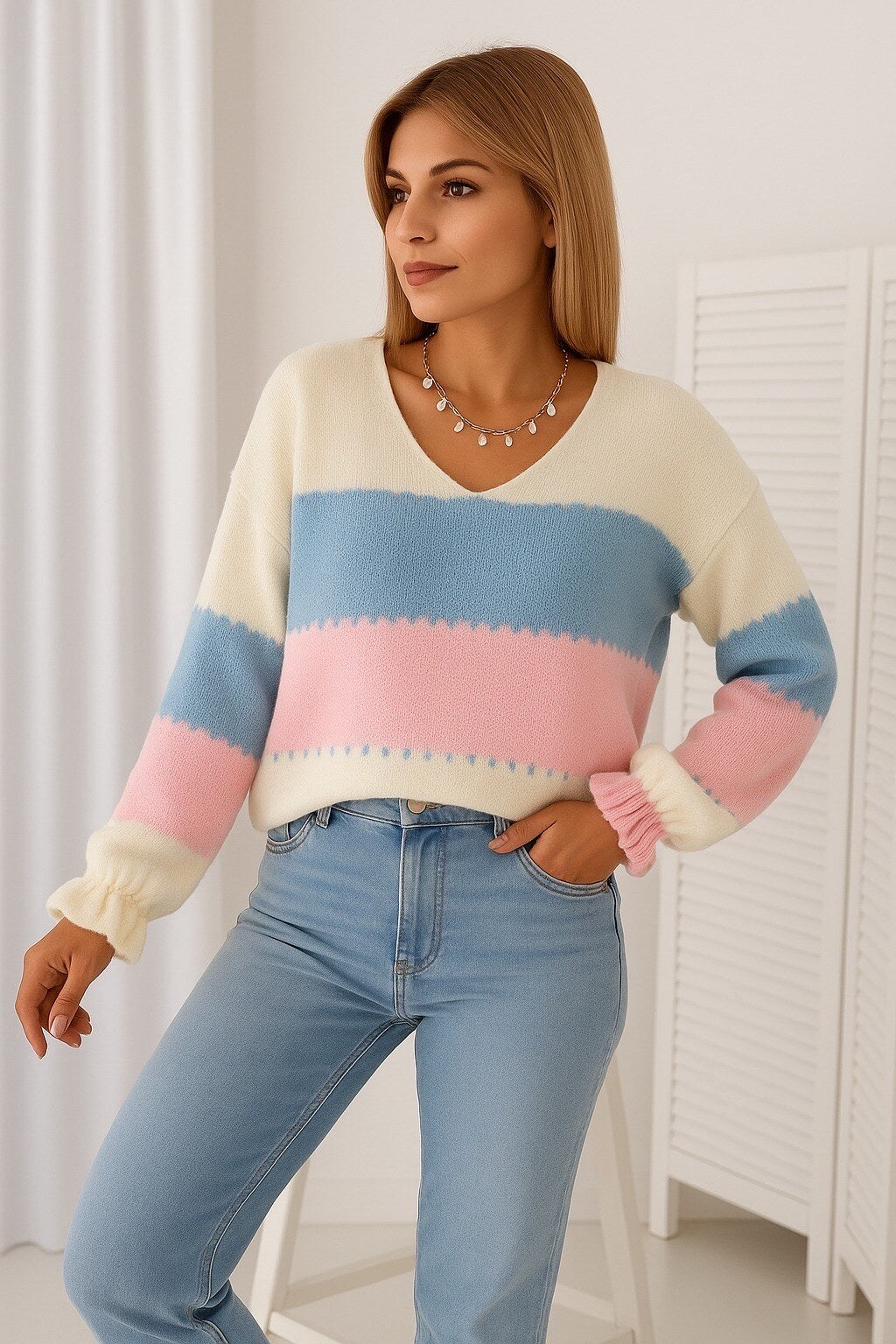 V-neck sweater with multicolored stripes and long sleeves