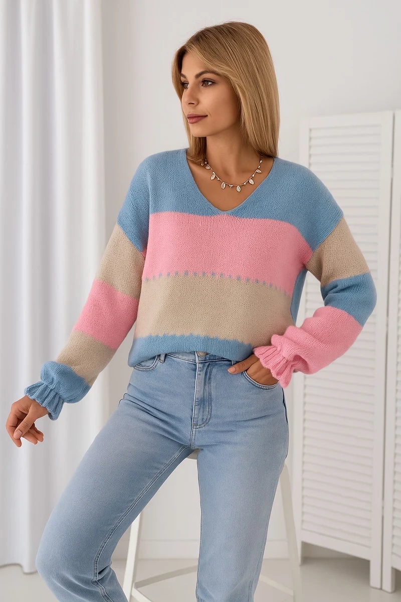 V-neck sweater with multicolored stripes and long sleeves