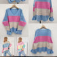 V-neck sweater with multicolored stripes and long sleeves