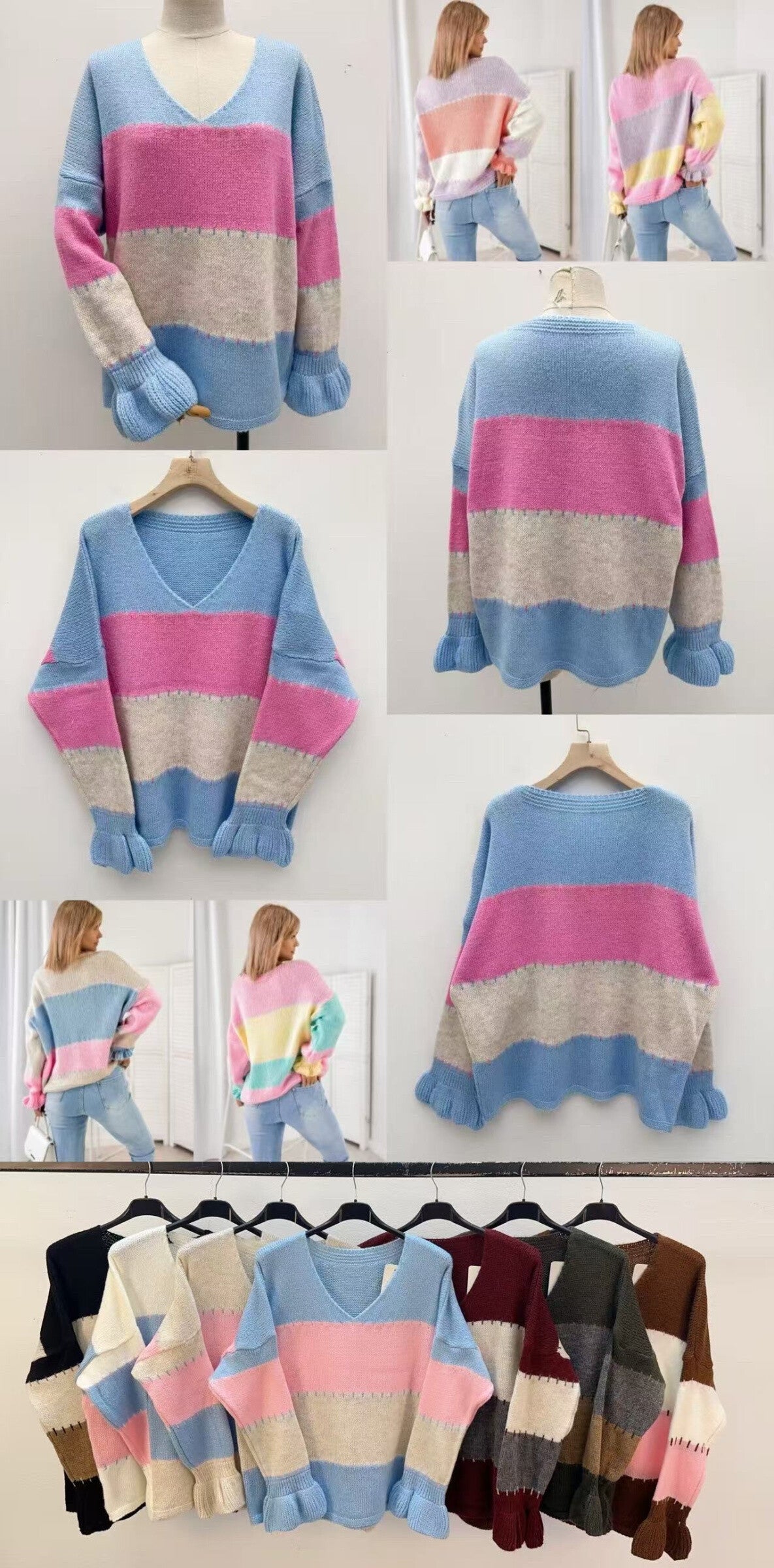 V-neck sweater with multicolored stripes and long sleeves