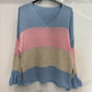 V-neck sweater with multicolored stripes and long sleeves