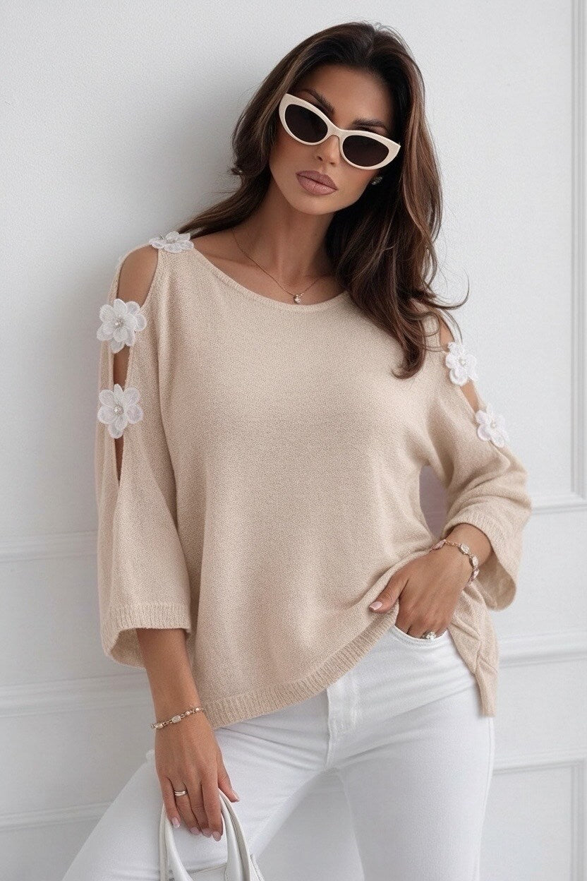Open shoulder fine knit sweater with flowers