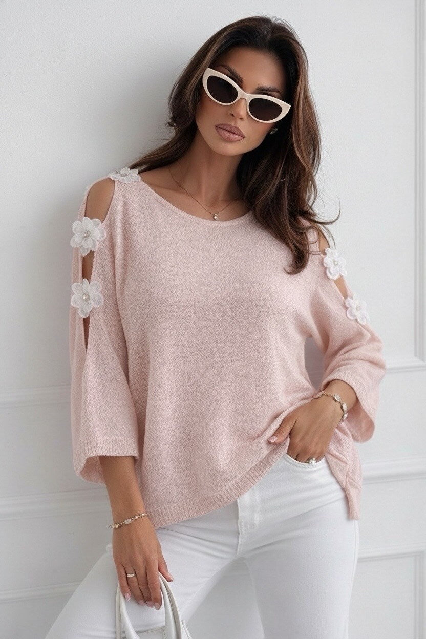 Open shoulder fine knit sweater with flowers
