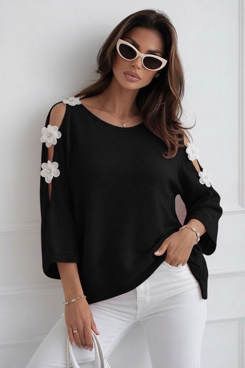 Open shoulder fine knit sweater with flowers