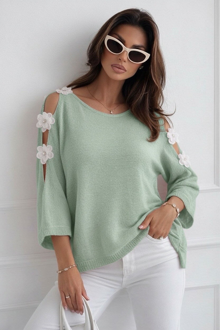 Open shoulder fine knit sweater with flowers