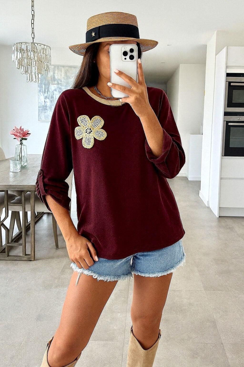Velvet sweater with floral embroidery