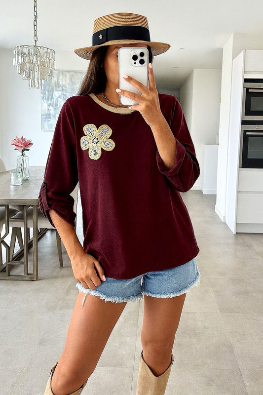 Velvet sweater with floral embroidery