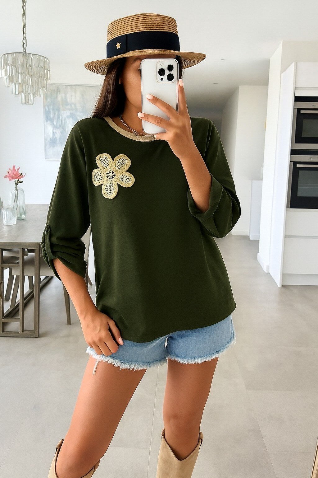 Velvet sweater with floral embroidery