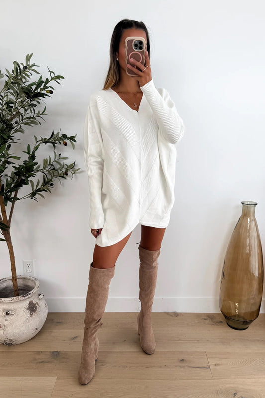 Long oversized V-neck sweater with geometric patterns