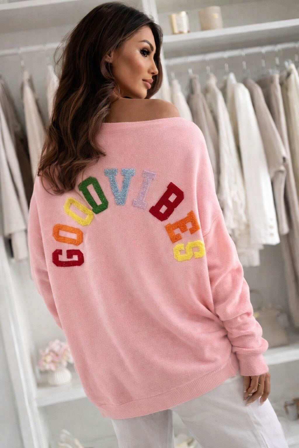 Oversized V-neck sweater GOOD VIBES