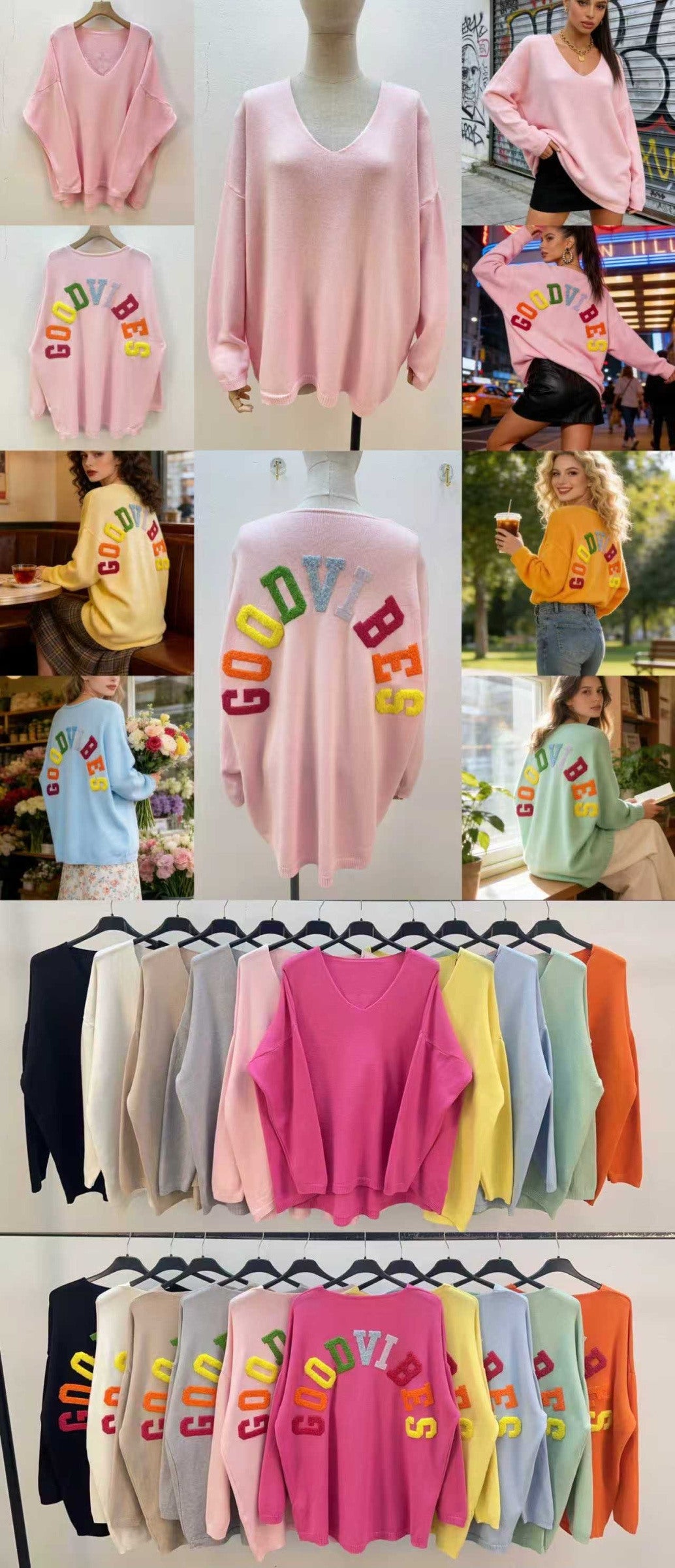 Oversized V-neck sweater GOOD VIBES