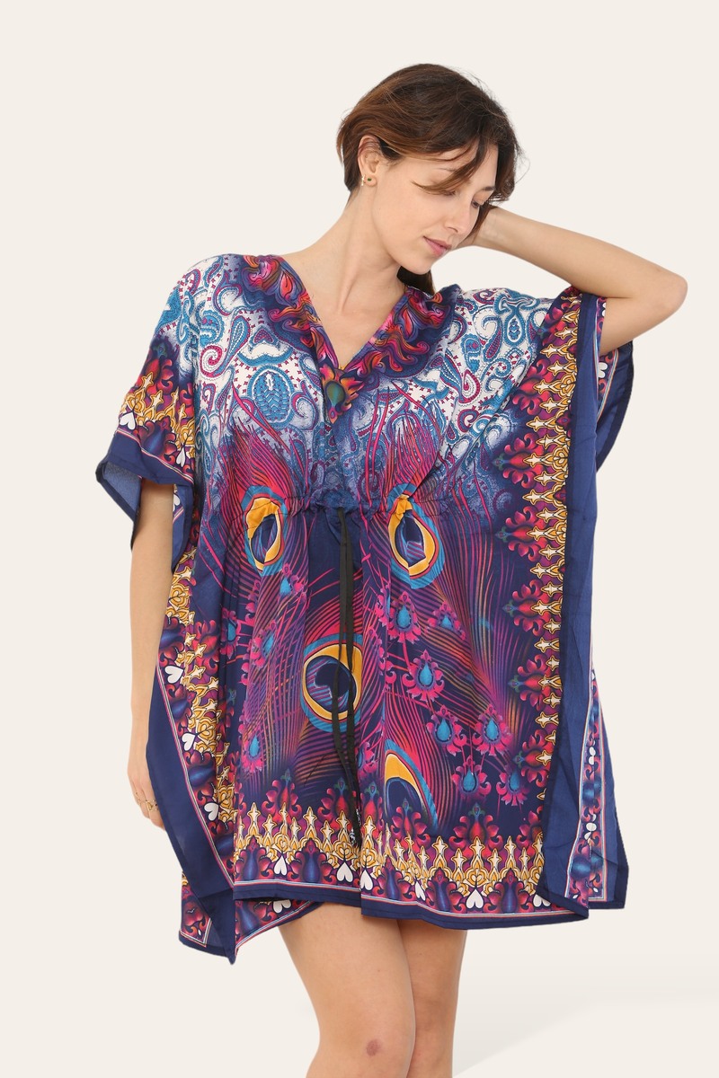 Short caftan dress, peacock feathered reb065s printed pattern
