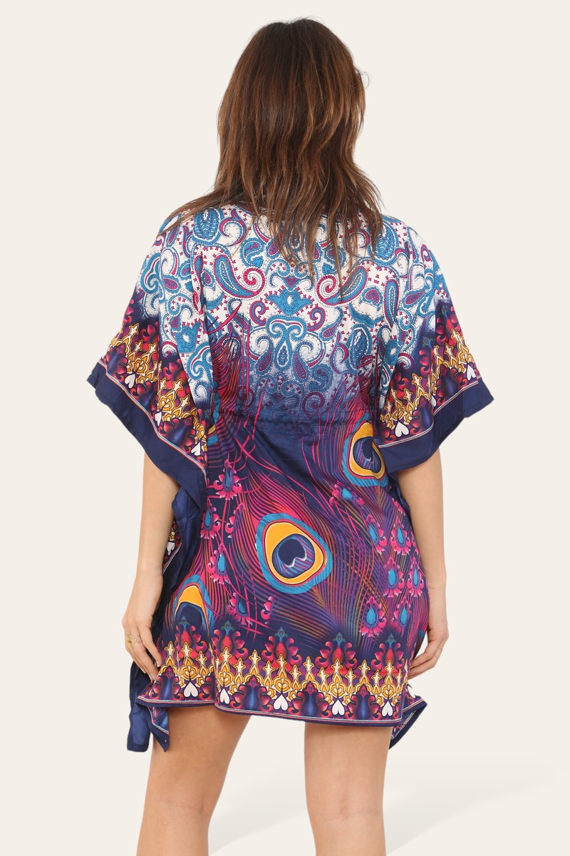 Short caftan dress, peacock feathered reb065s printed pattern