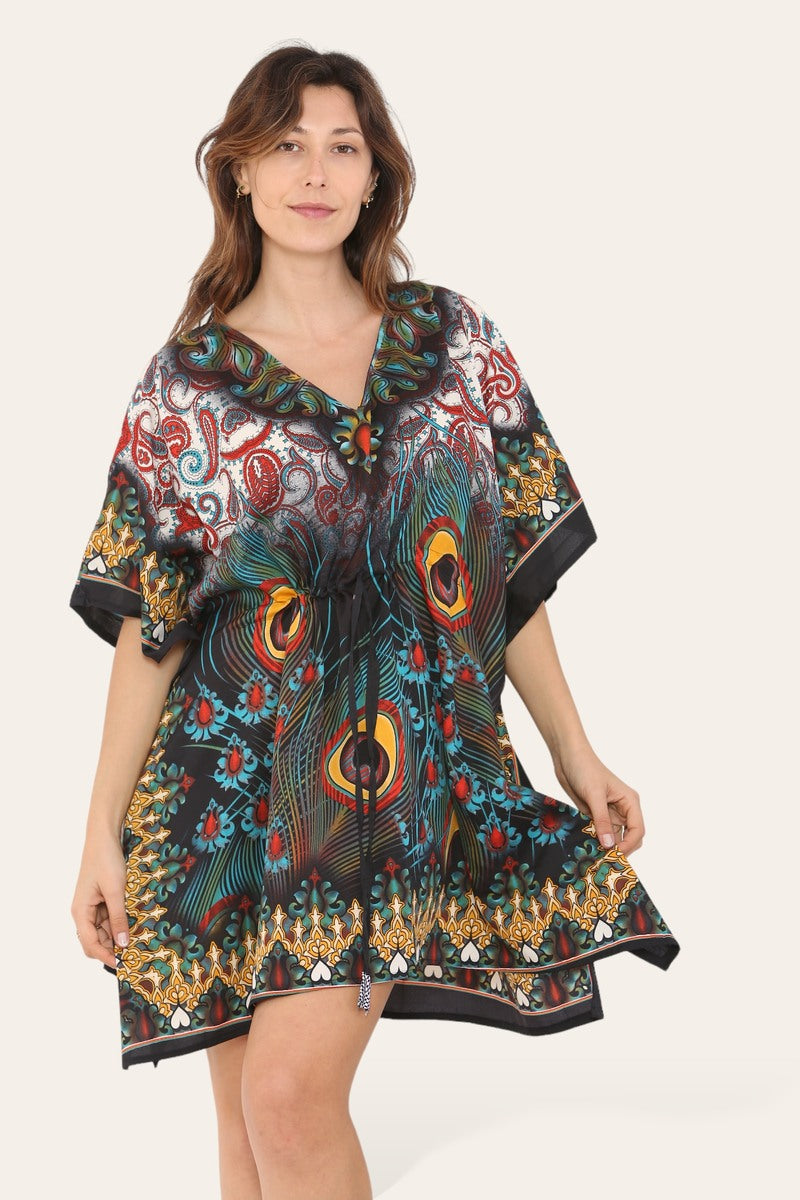 Short caftan dress, peacock feathered reb065s printed pattern