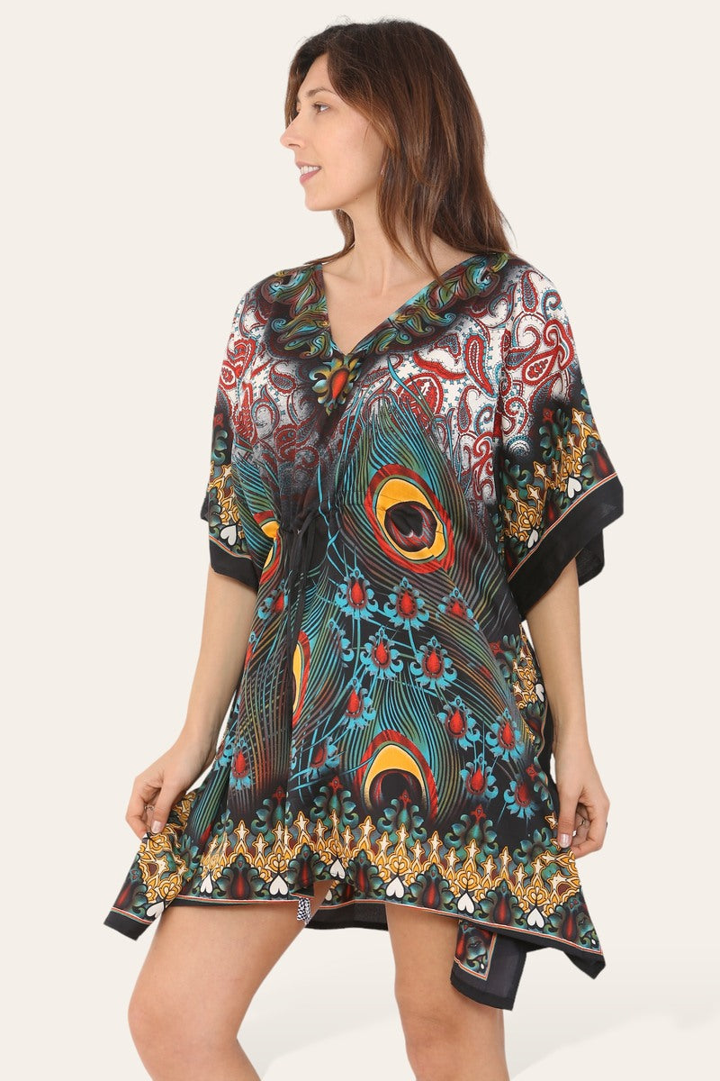 Short caftan dress, peacock feathered reb065s printed pattern