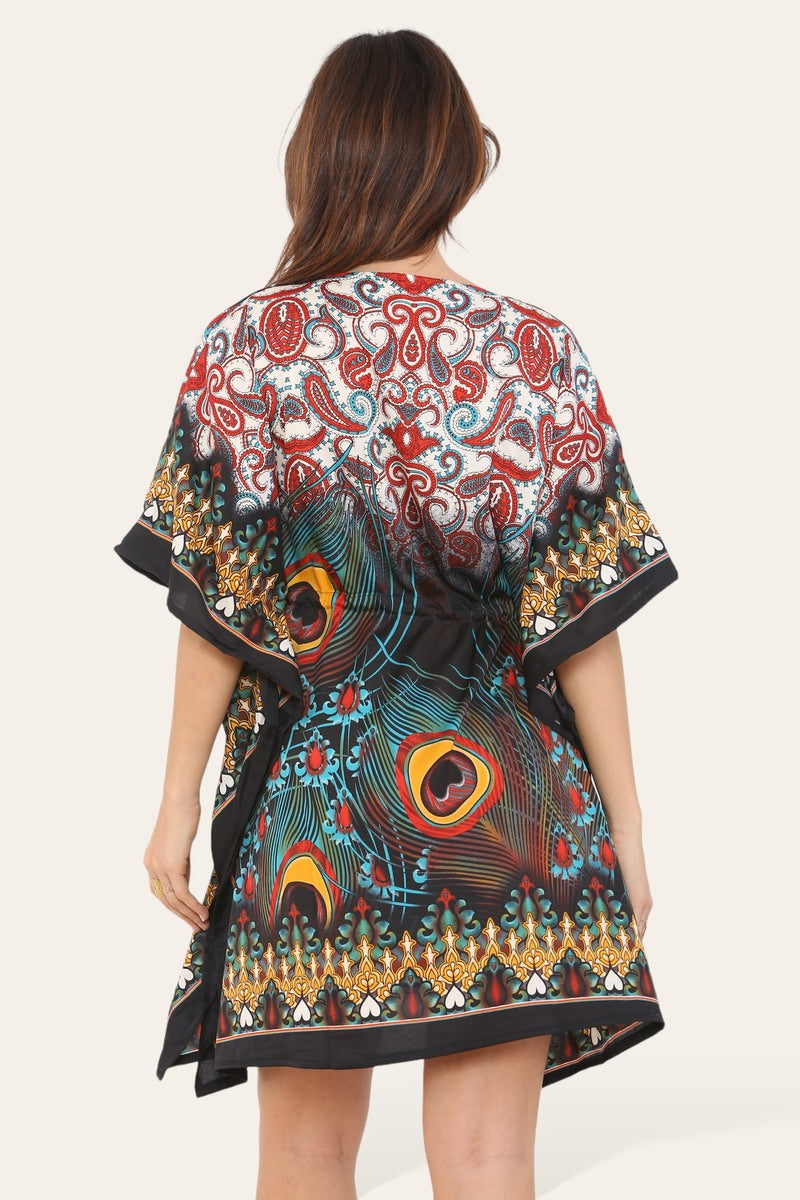 Short caftan dress, peacock feathered reb065s printed pattern
