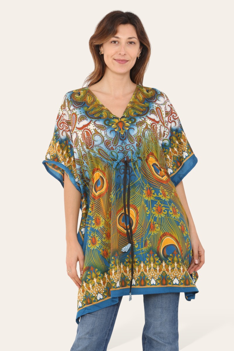 Short caftan dress, peacock feathered reb065s printed pattern