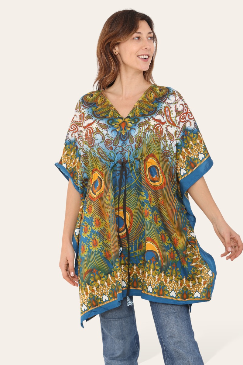 Short caftan dress, peacock feathered reb065s printed pattern