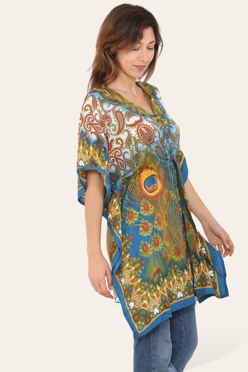 Short caftan dress, peacock feathered reb065s printed pattern
