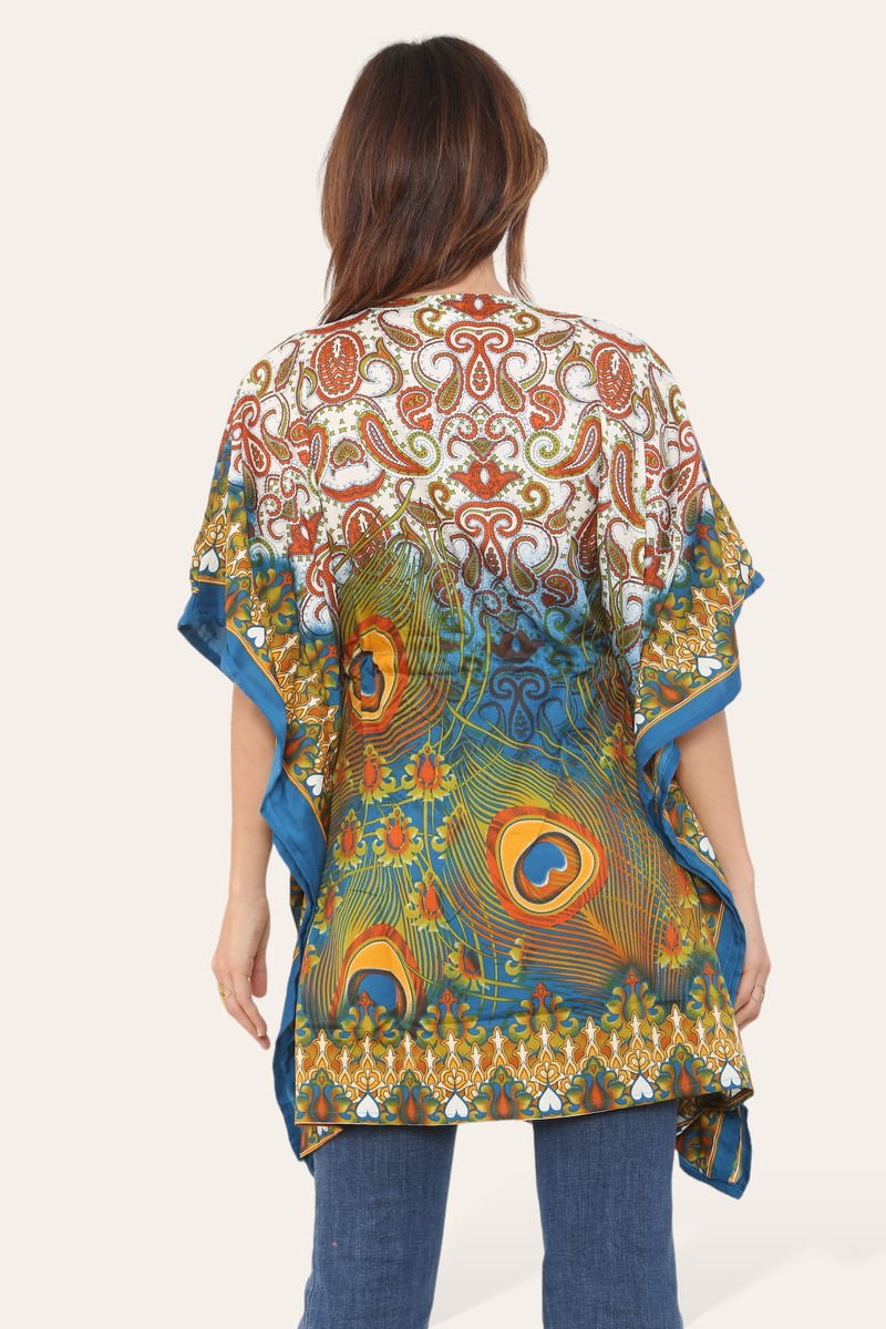 Short caftan dress, peacock feathered reb065s printed pattern