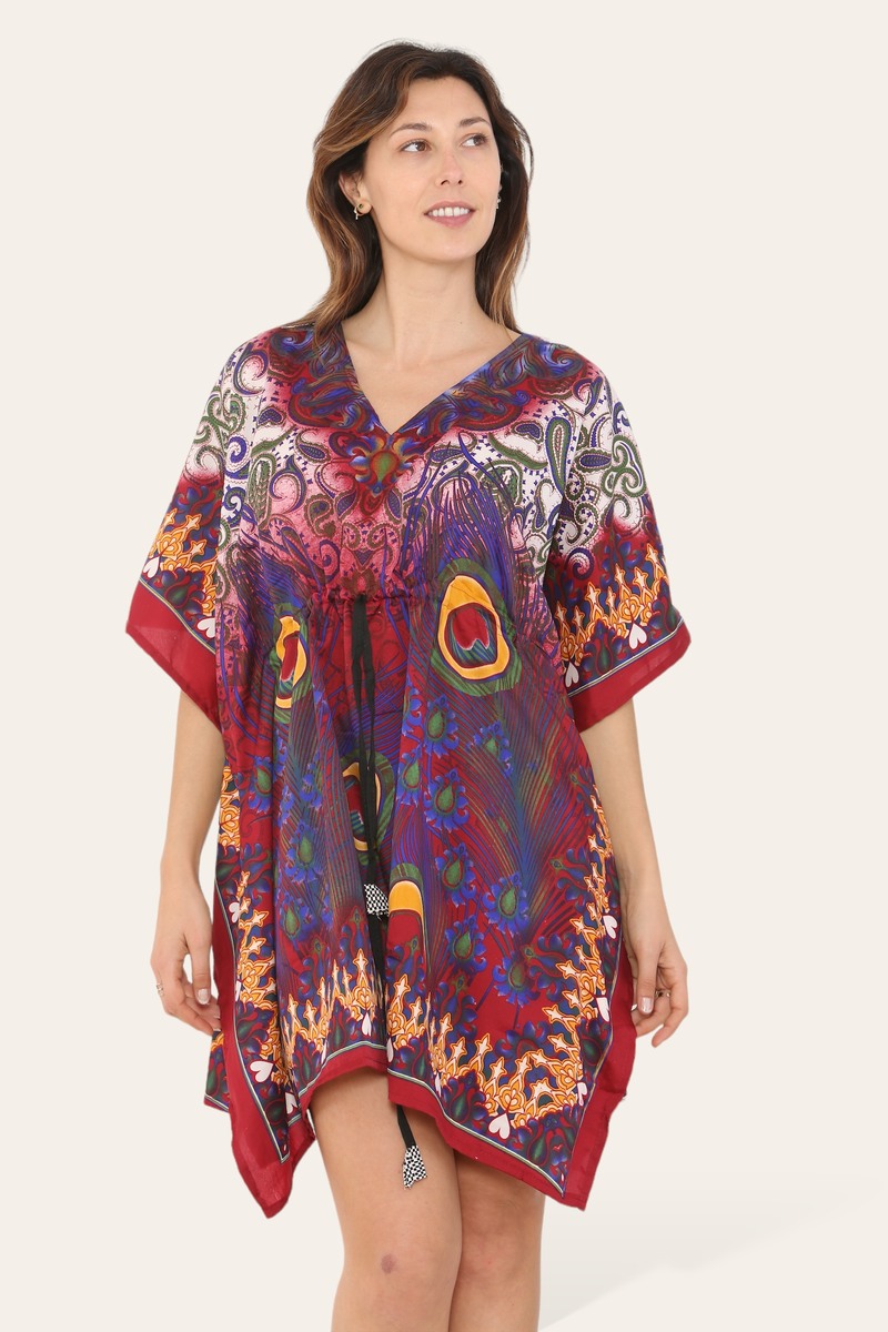 Short caftan dress, peacock feathered reb065s printed pattern