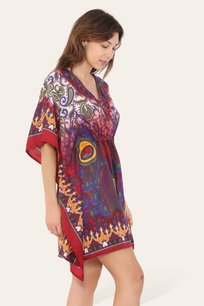 Short caftan dress, peacock feathered reb065s printed pattern